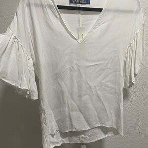 Blue Rain Cream V-Neck Blouse with Ruffle Sleeves